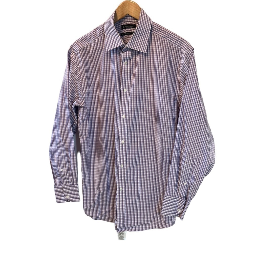 MENS HUDSON ROOM Fitted Purple Plaid Button Up Long Sleeve Dress Shirt 16
